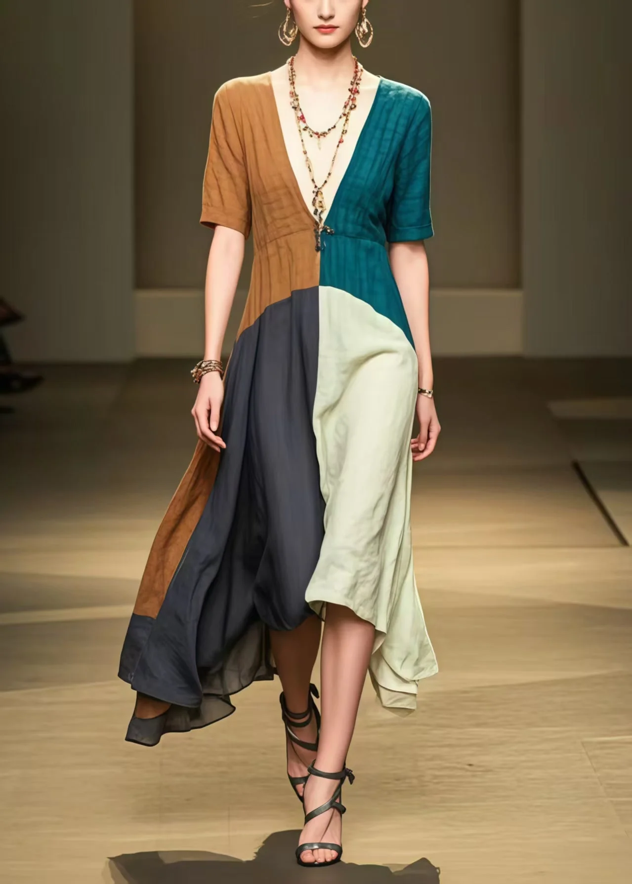 Colorblock Patchwork Cotton Long Dress Deep-V Neck Summer - Image 5