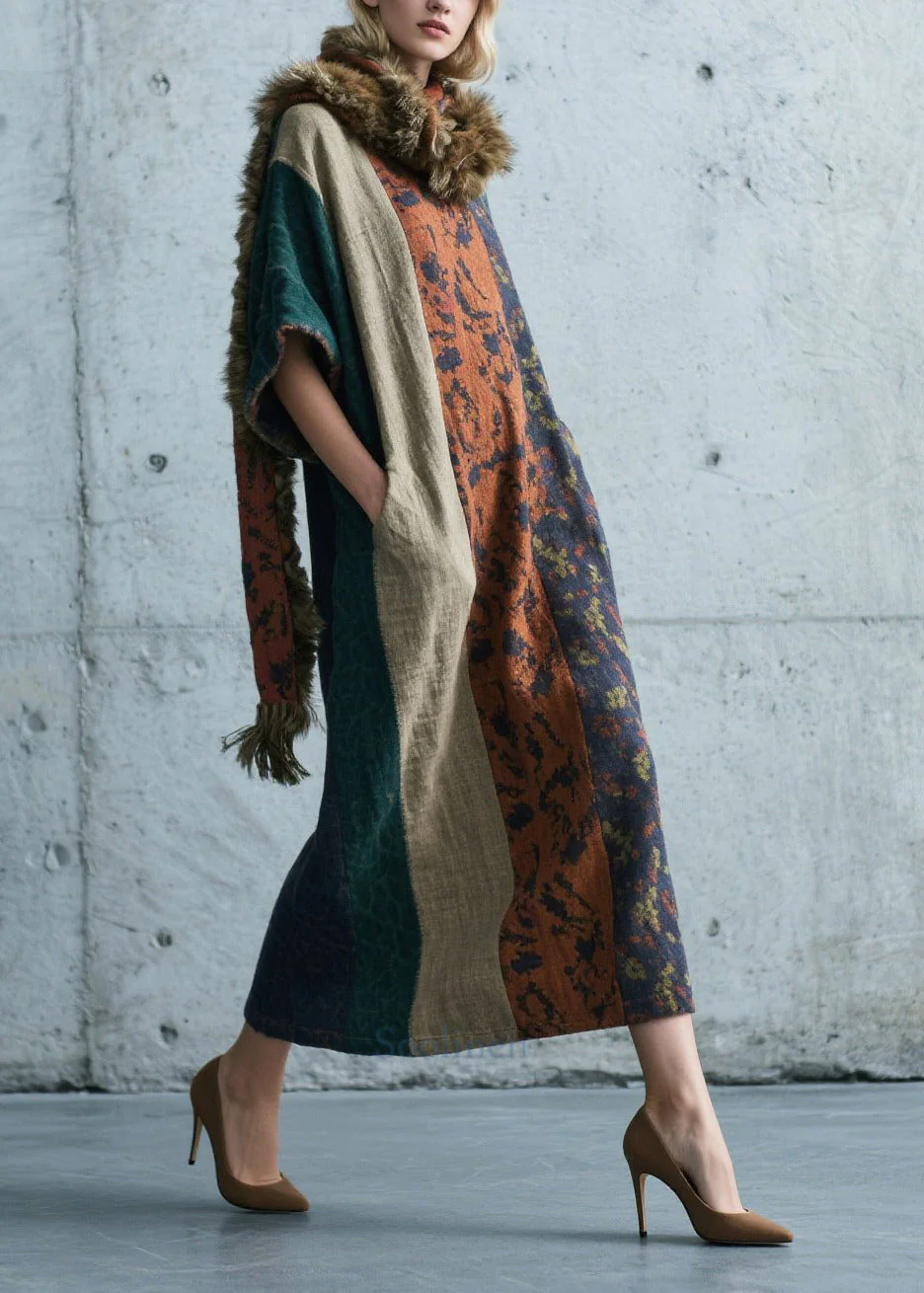 Colorblock Patchwork Cotton Long Dress Oversized Summer - Image 3