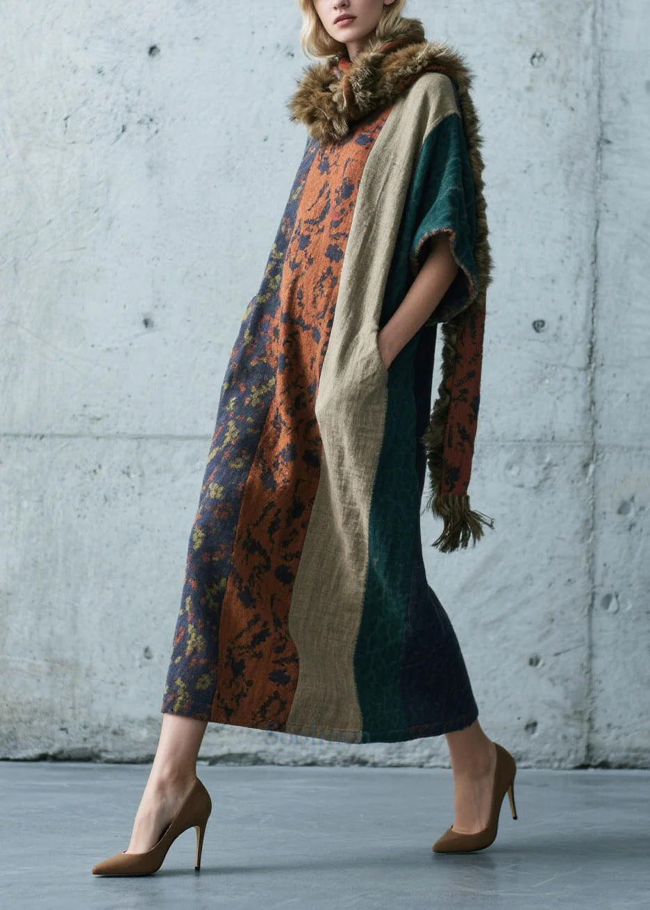 Colorblock Patchwork Cotton Long Dress Oversized Summer - Image 5