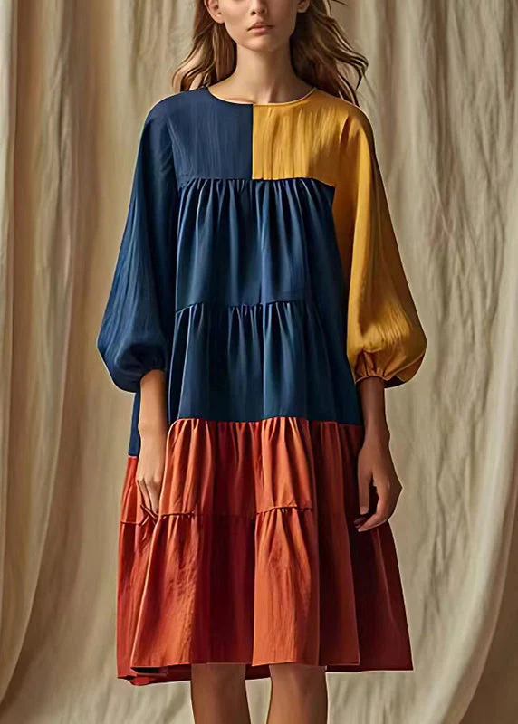 Colorblock Patchwork Cotton Long Dress Wrinkled Lantern Sleeve - Image 2