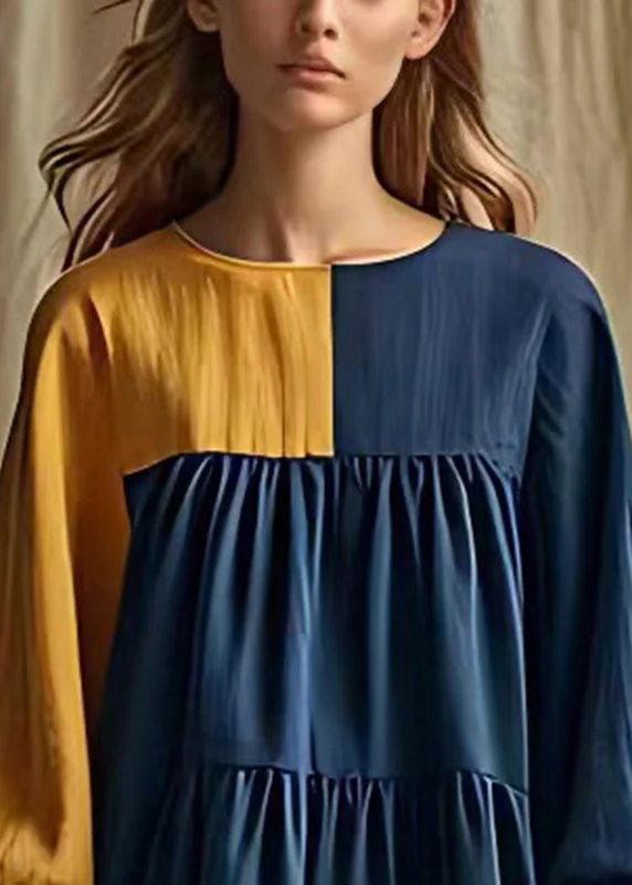 Colorblock Patchwork Cotton Long Dress Wrinkled Lantern Sleeve - Image 3