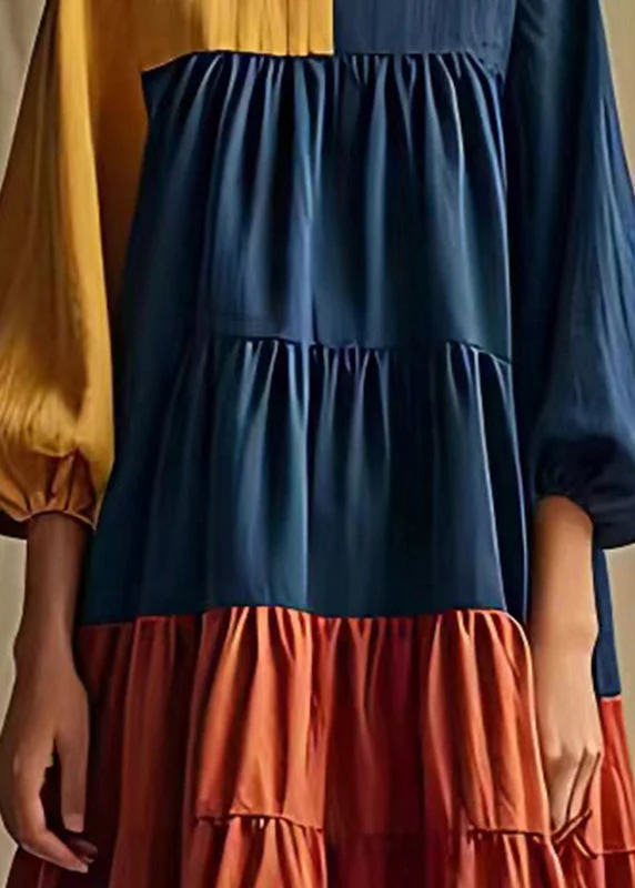 Colorblock Patchwork Cotton Long Dress Wrinkled Lantern Sleeve - Image 4