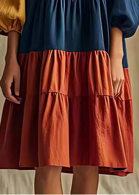 Colorblock Patchwork Cotton Long Dress Wrinkled Lantern Sleeve - Image 5