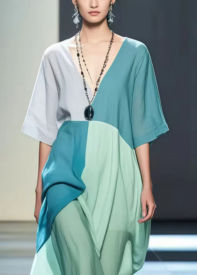 Colorblock Patchwork Cotton Robe Dresses Asymmetrical Design Summer - Image 2