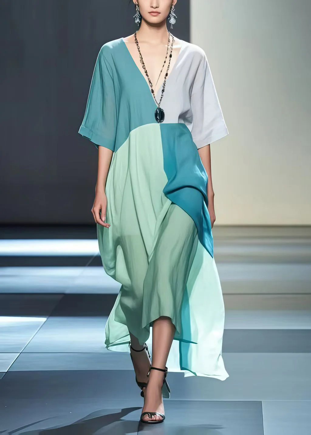 Colorblock Patchwork Cotton Robe Dresses Asymmetrical Design Summer - Image 3
