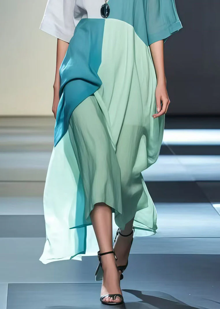 Colorblock Patchwork Cotton Robe Dresses Asymmetrical Design Summer - Image 4