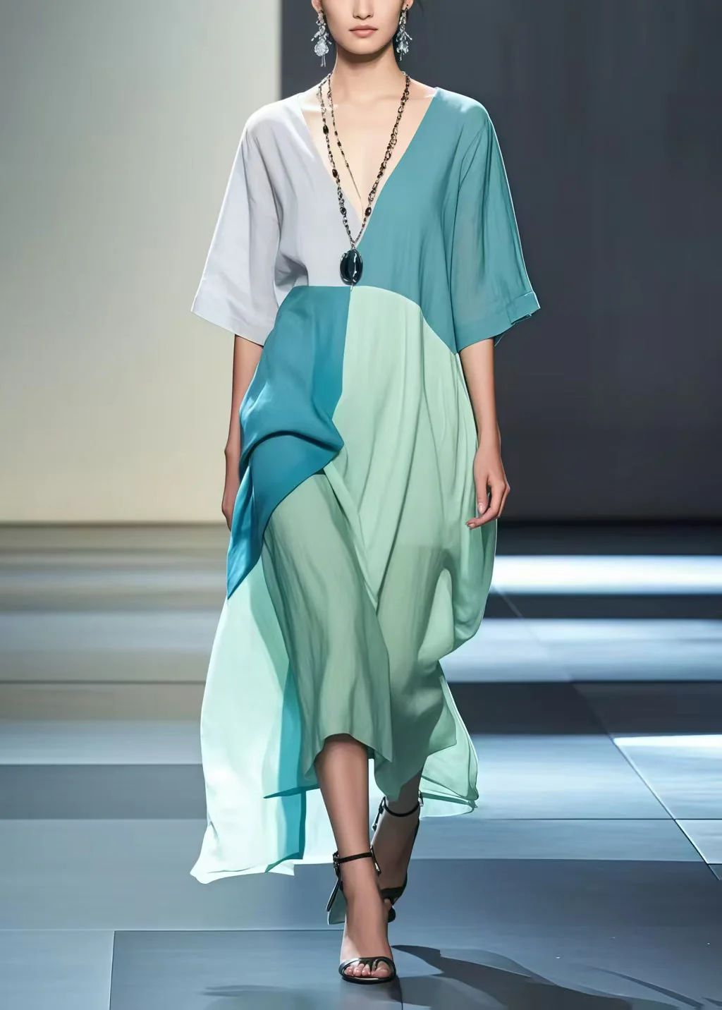 Colorblock Patchwork Cotton Robe Dresses Asymmetrical Design Summer - Image 5