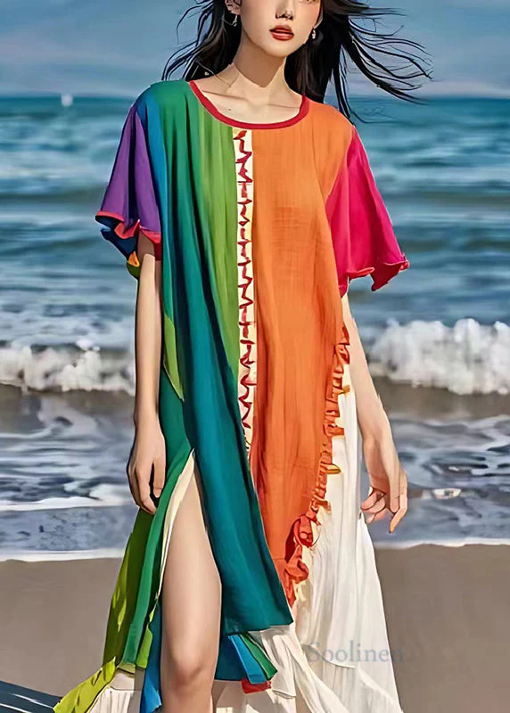 Colorblock Patchwork Linen Long Dress Side Open Summer - Image 2