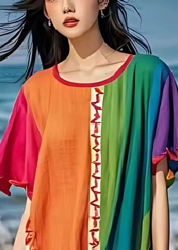Colorblock Patchwork Linen Long Dress Side Open Summer - Image 3