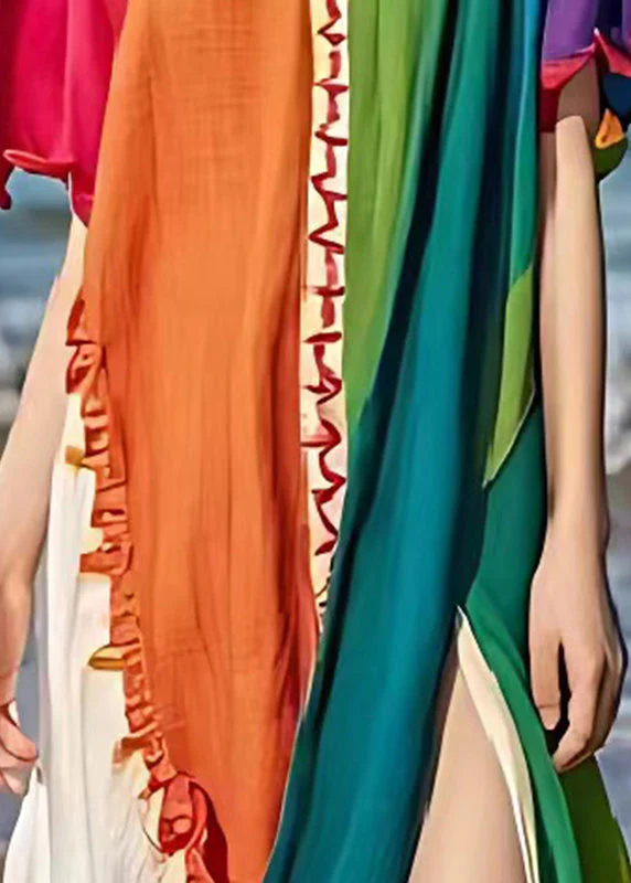 Colorblock Patchwork Linen Long Dress Side Open Summer - Image 4