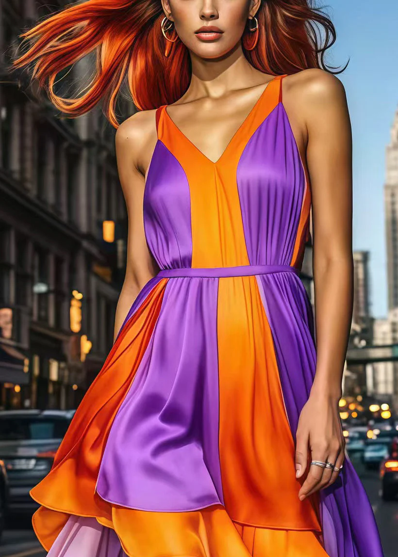 Colorblock Patchwork Silk Cami Dress Asymmetrical Summer - Image 2