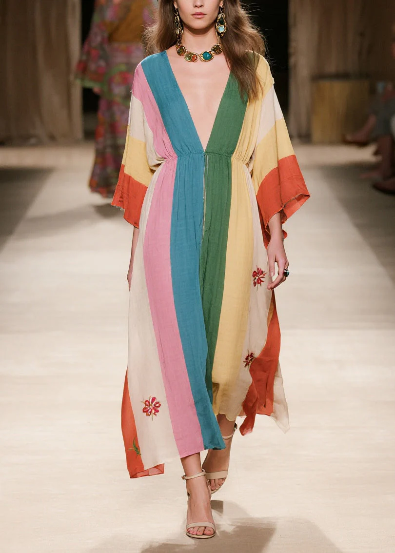 Colorblock Print Cotton Holiday Dress Deep-V Neck Summer - Image 3