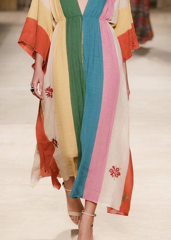 Colorblock Print Cotton Holiday Dress Deep-V Neck Summer - Image 4