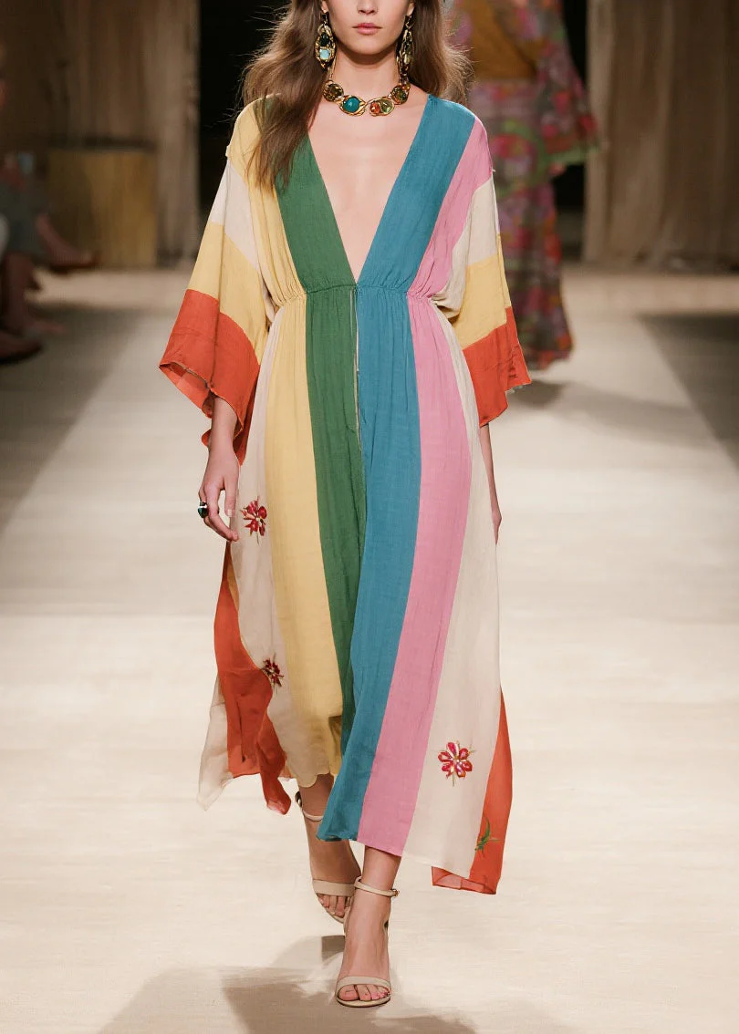 Colorblock Print Cotton Holiday Dress Deep-V Neck Summer - Image 5