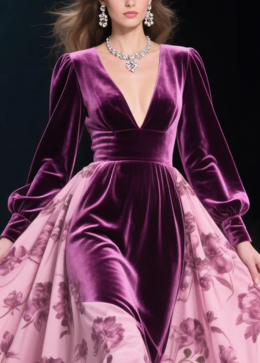 Colorblock Print Lace Floral Silk Velvet Long Dresses Spring - Image 2
