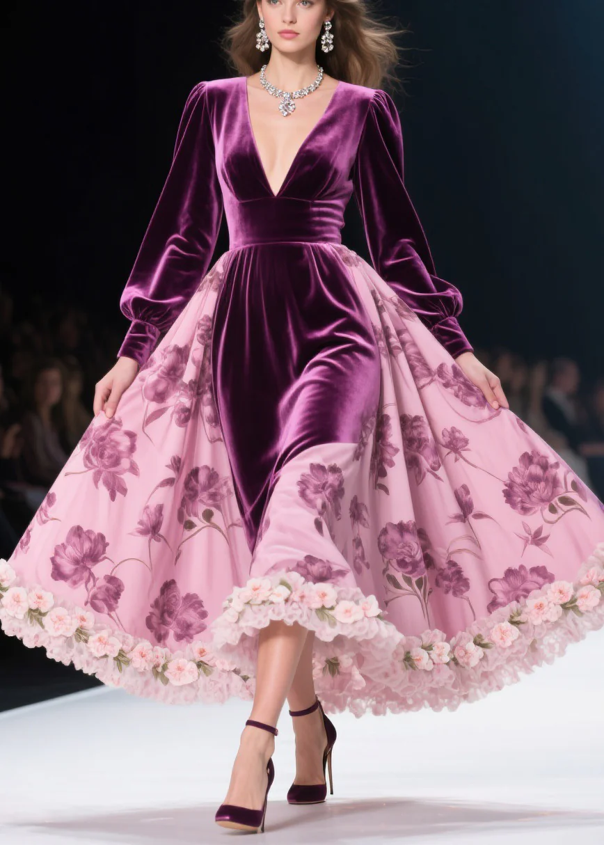 Colorblock Print Lace Floral Silk Velvet Long Dresses Spring - Image 3