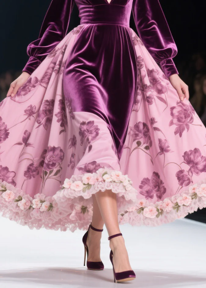 Colorblock Print Lace Floral Silk Velvet Long Dresses Spring - Image 4