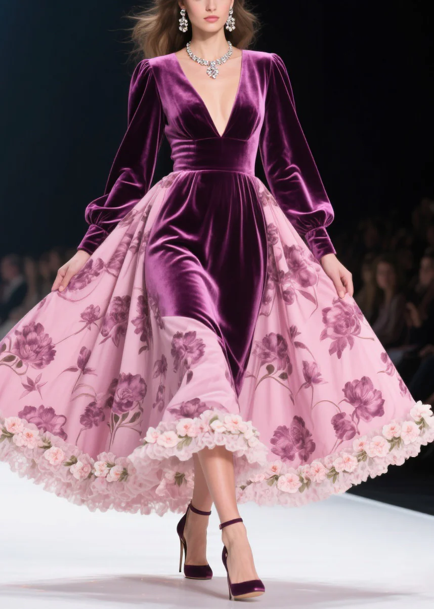 Colorblock Print Lace Floral Silk Velvet Long Dresses Spring - Image 5