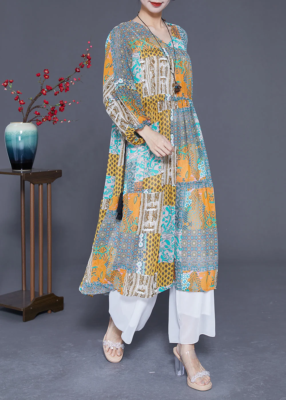 Colorblock Print Slim Fit Chiffon Maxi Dress Exra Large Hem Summer - Image 2