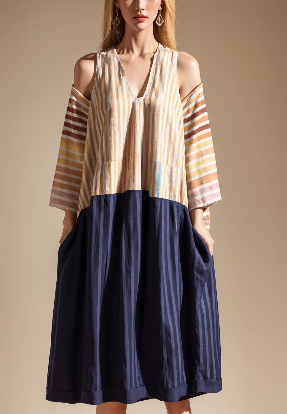 Colorblock Stripe Linen Loose Dress Summer - Image 2