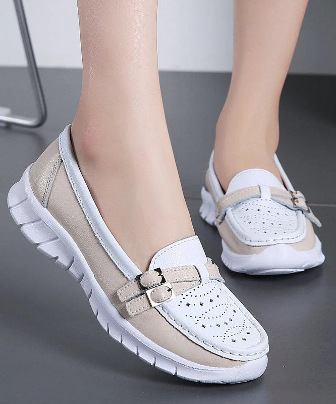 Comfortable Breathable Faux Leather Women Splicing Beige Flat Shoes - Image 4