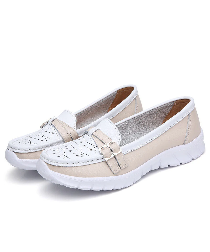 Comfortable Breathable Faux Leather Women Splicing Beige Flat Shoes - Image 5