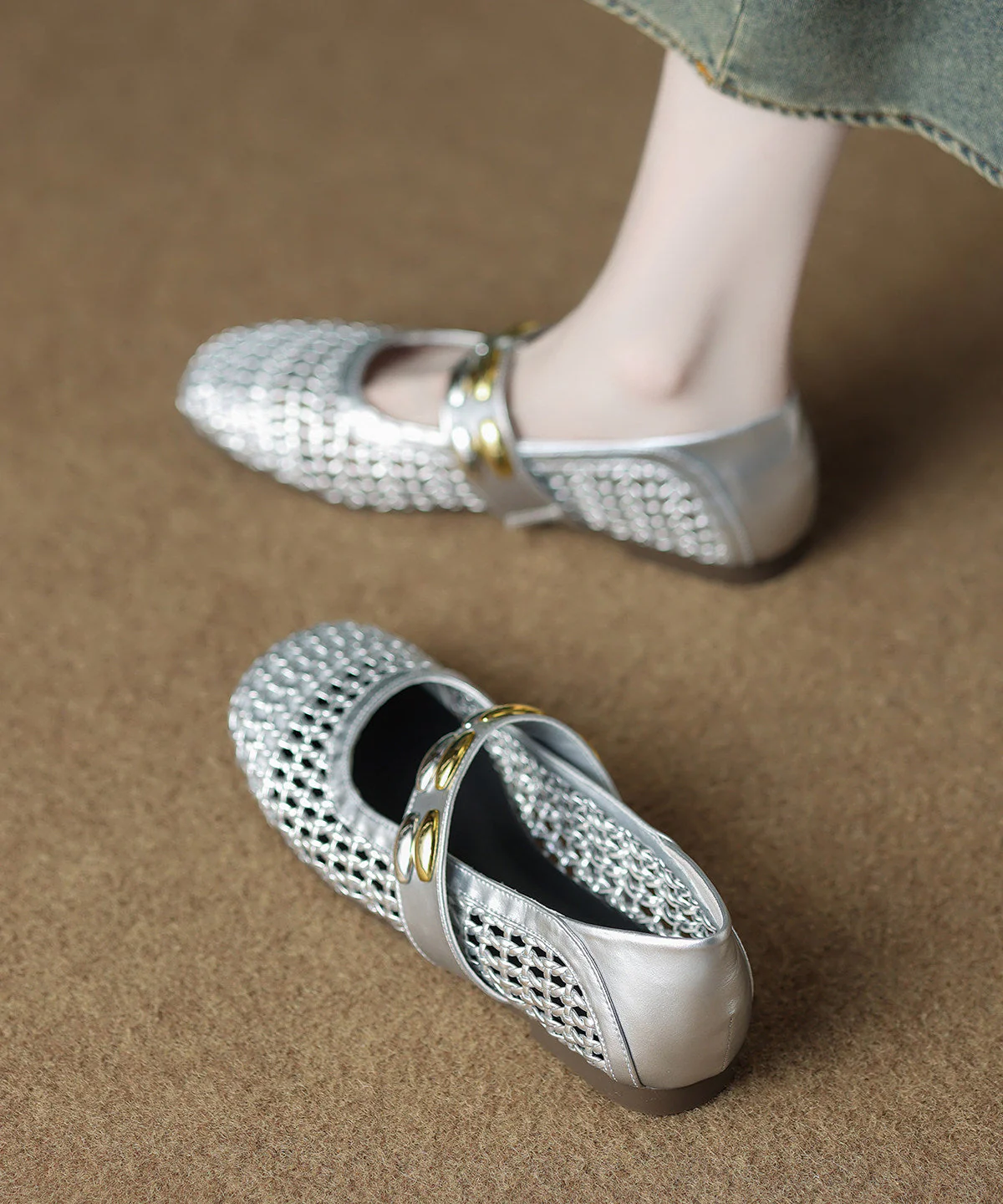 Comfortable Lace Up Flat Shoes Orange Hollow Out Knit Fabric - Image 3