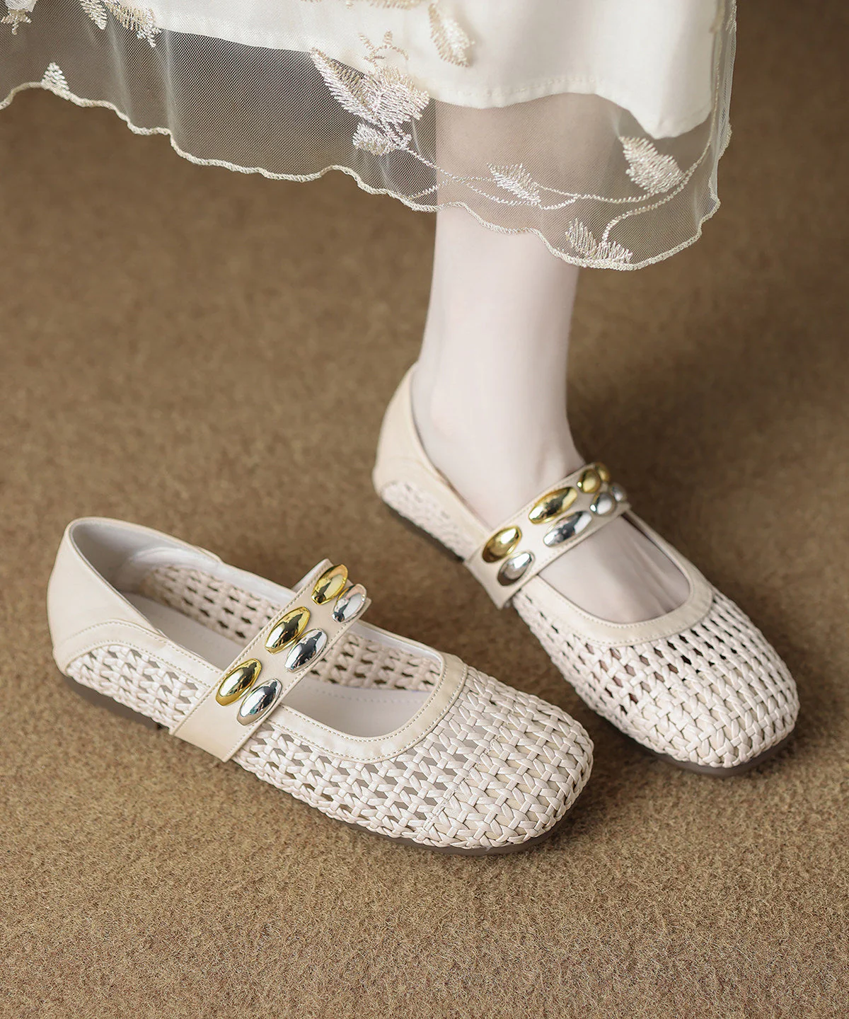 Comfortable Lace Up Flat Shoes Orange Hollow Out Knit Fabric - Image 4