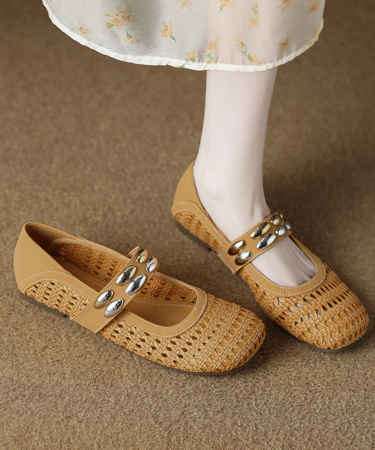 Comfortable Lace Up Flat Shoes Orange Hollow Out Knit Fabric - Image 5