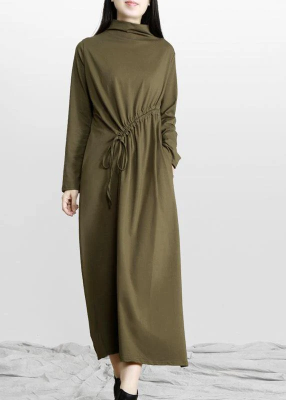 Comfy Army Green Drawstring Asymmetrical Design Side Open Dress Fall - Image 2
