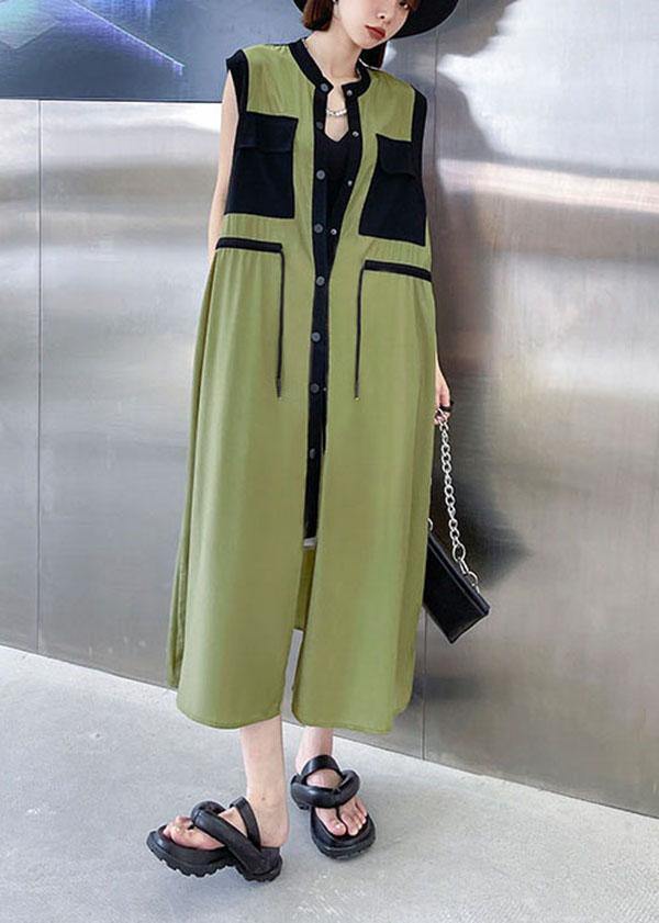 Comfy Army Green Patchwork Button Tie Waist Summer Long Dress - Image 2