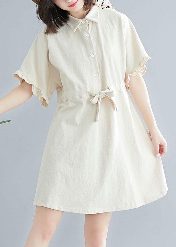 Comfy Beige tie waist Cotton Button Summer Day Dress - Image 3
