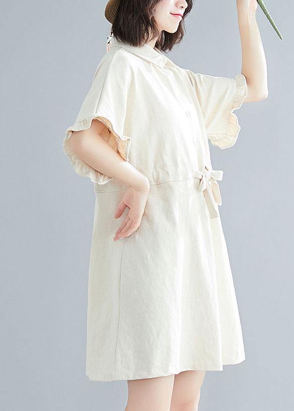 Comfy Beige tie waist Cotton Button Summer Day Dress - Image 4