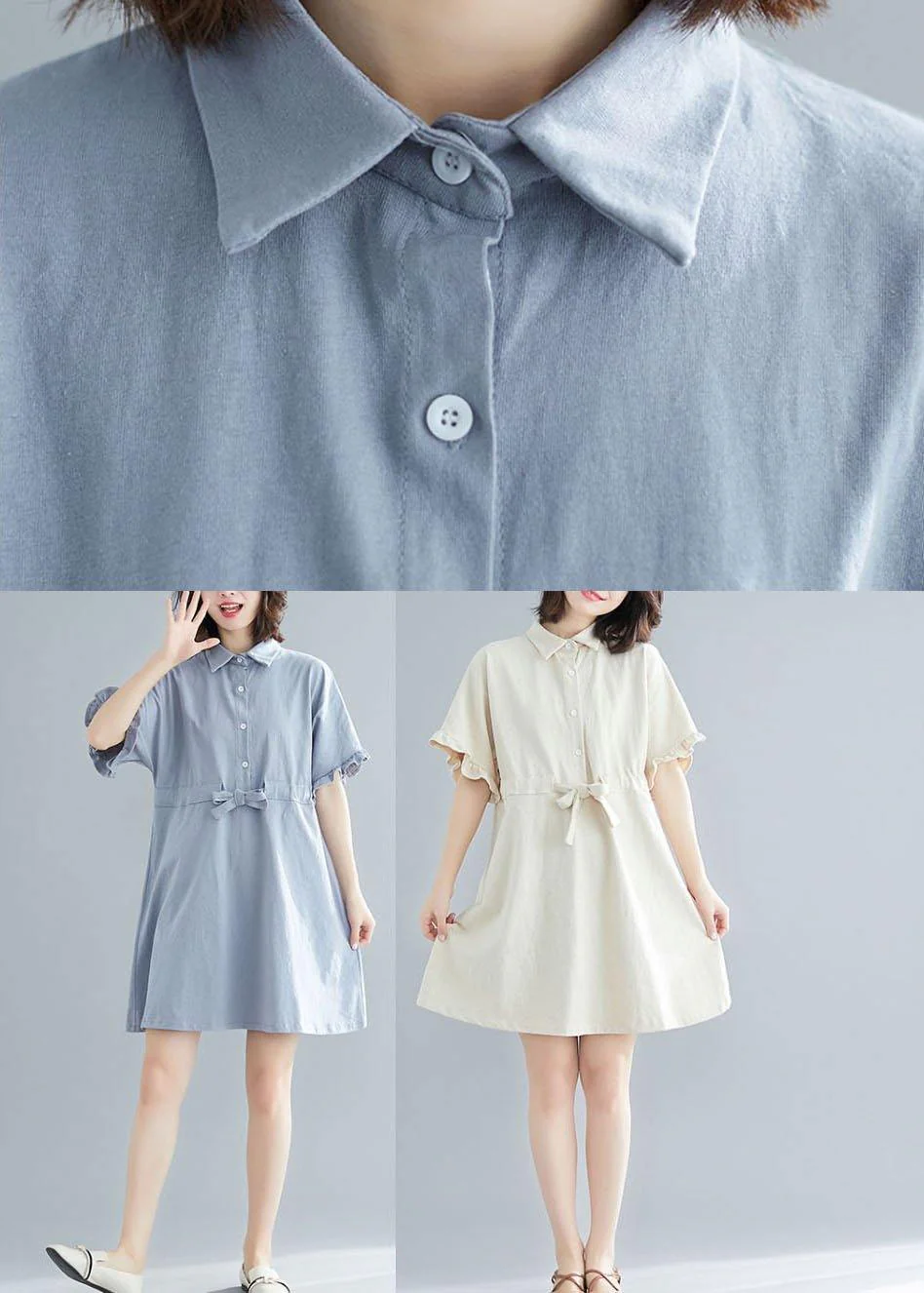 Comfy Beige tie waist Cotton Button Summer Day Dress - Image 5