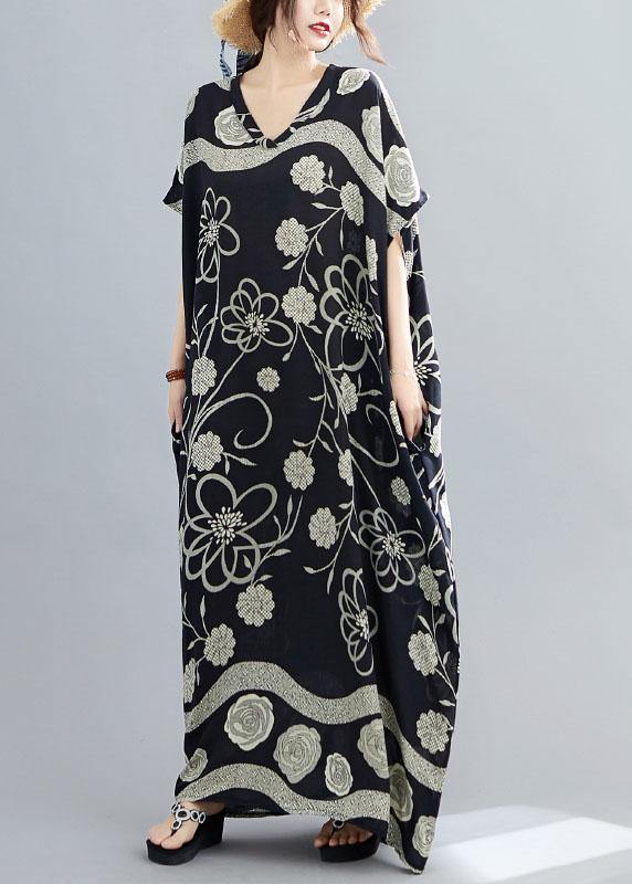 Comfy Black Bat Wing Sleeve Print V Neck Summer Cotton Maxi Dresses - Image 2