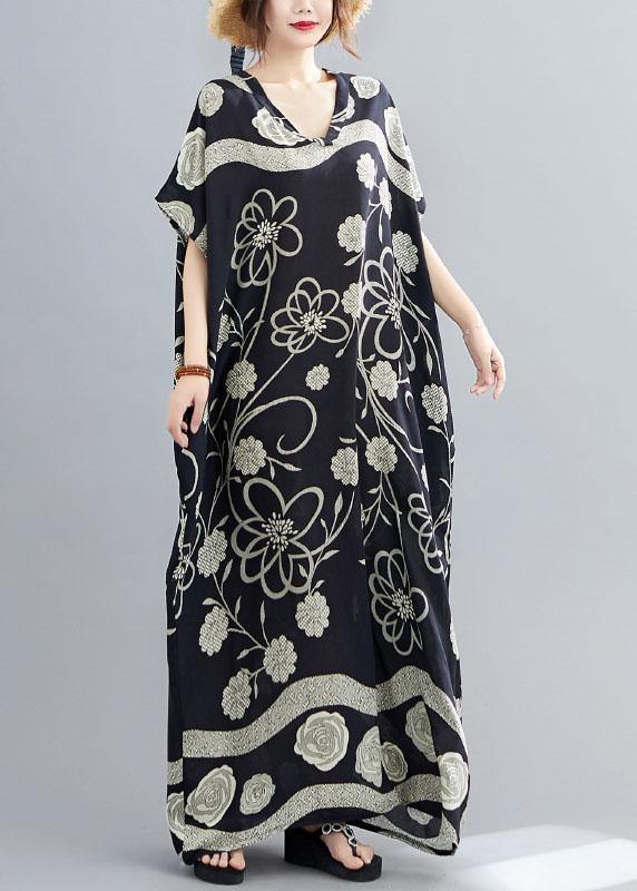 Comfy Black Bat Wing Sleeve Print V Neck Summer Cotton Maxi Dresses - Image 3