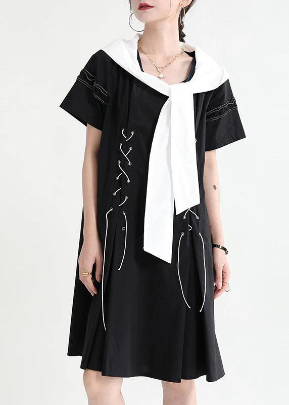 Comfy Black hooded Design Patchwork Summer Mini Dresses Short Sleeve - Image 2