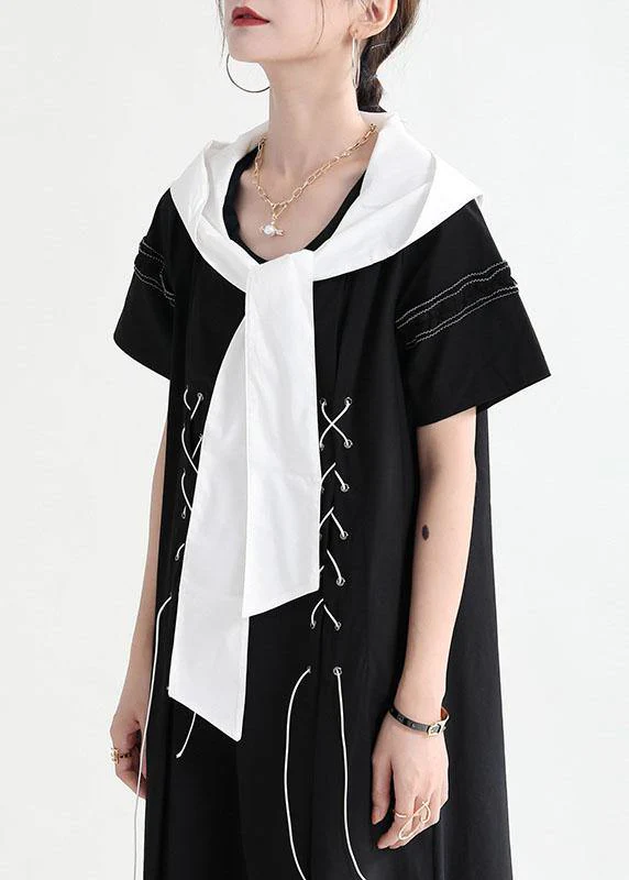 Comfy Black hooded Design Patchwork Summer Mini Dresses Short Sleeve - Image 3