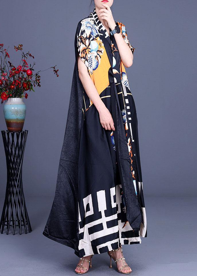 Comfy Black Print Patchwork Silk Robe Dresses Summer - Image 2