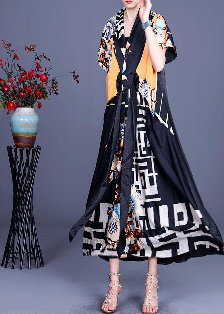 Comfy Black Print Patchwork Silk Robe Dresses Summer - Image 3