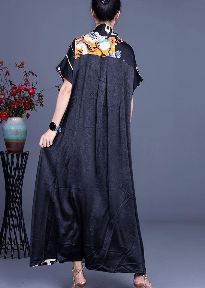 Comfy Black Print Patchwork Silk Robe Dresses Summer - Image 4