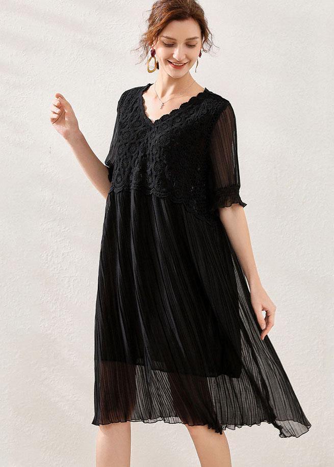 Comfy Black Wrinkled Patchwork Spring Short Sleeve Dress - Image 3