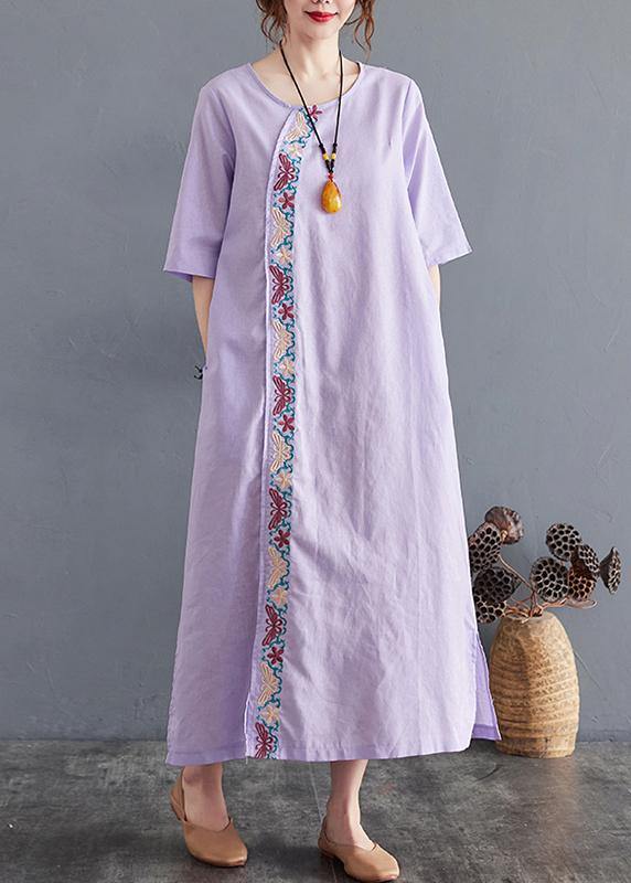 Comfy Comfy Light Purple Embroidery Cotton Linen Maxi Summer Dress - Image 2
