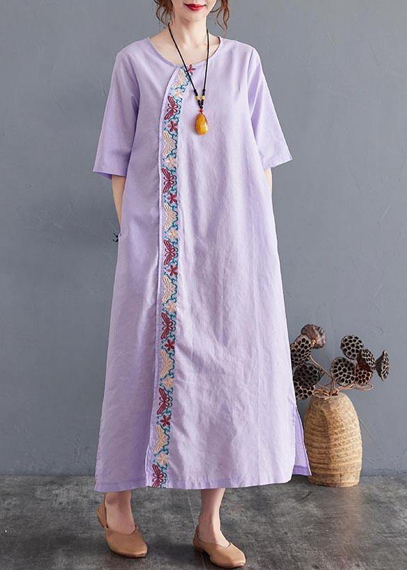 Comfy Comfy Light Purple Embroidery Cotton Linen Maxi Summer Dress - Image 3