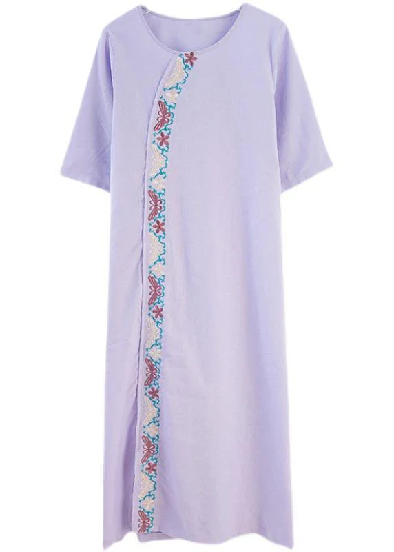 Comfy Comfy Light Purple Embroidery Cotton Linen Maxi Summer Dress - Image 4