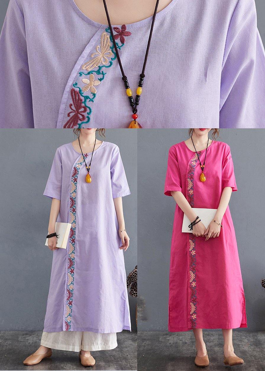Comfy Comfy Light Purple Embroidery Cotton Linen Maxi Summer Dress - Image 5