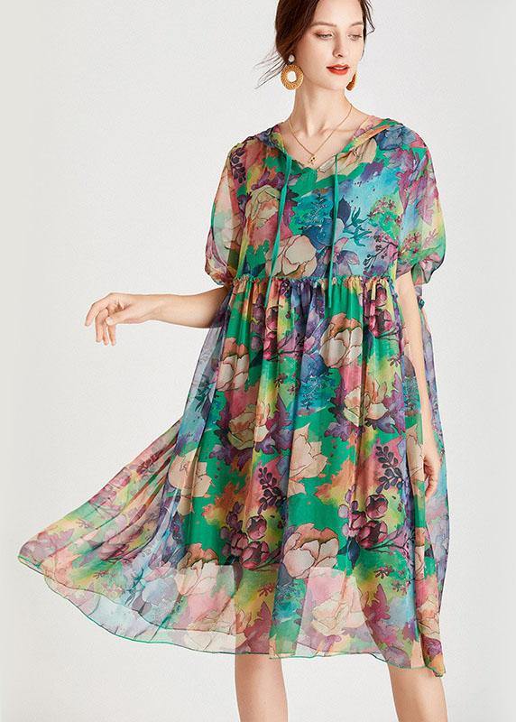 Comfy Green Loose Hooded Summer Chiffon Holiday Dress Half Sleeve - Image 2