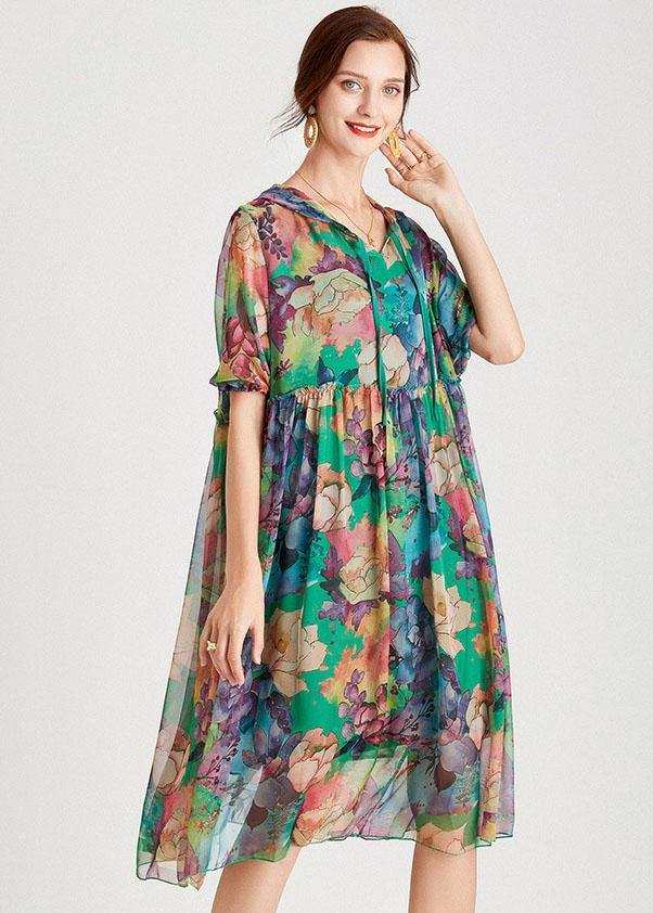 Comfy Green Loose Hooded Summer Chiffon Holiday Dress Half Sleeve - Image 3