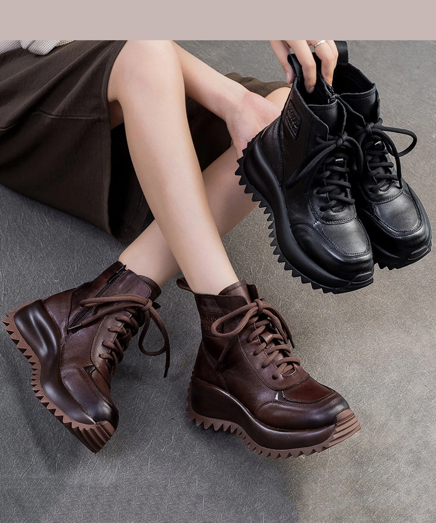 Comfy Lace Up Splicing Platform Boots Coffee Cowhide Leather - Image 5