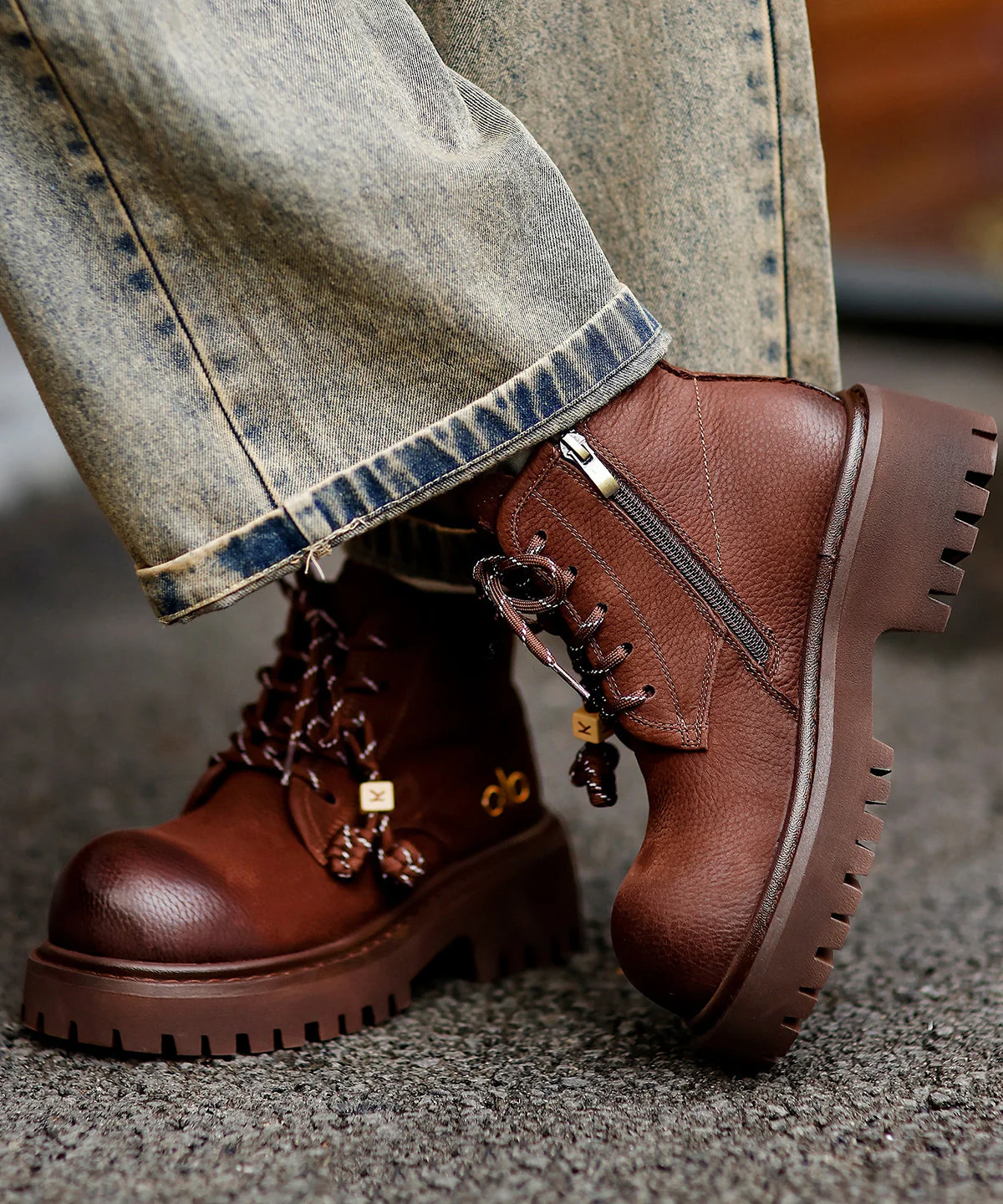 Comfy Splicing Platform Boots Coffee Cowhide Leather Fuzzy Wool Lined - Image 3